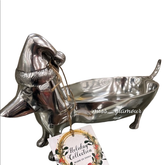 Christmas Dachshund doxie Dog Silver Metal Candy Dish Serving Tray Platter - Picture 1 of 1